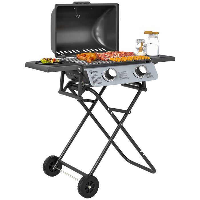 Barbecue gaz transportable - Outsunny - pliable - 2 brûleurs 5,6 kW - avec étagères latérales, thermomètre, couvercle, roues - noir