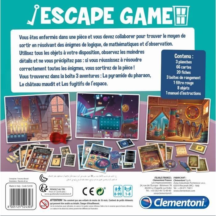 Clementoni - Escape Game - 3 rooms: Pharaoh, Space, Castle - 1 to 8 players