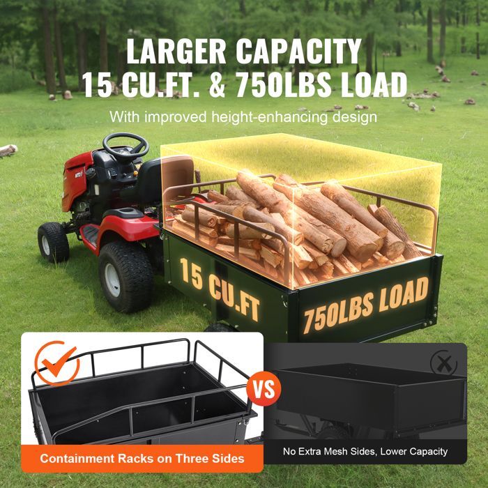 Remolque basculante VEVOR - Capacidad de carga de 340 kg - Remolque utilitario de jardín de alta resistencia - para tractor, cortacésped