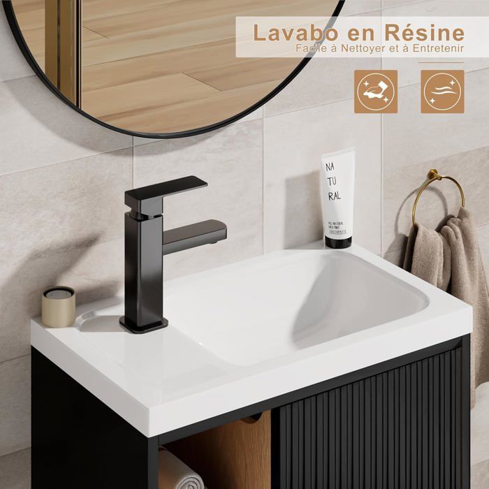 GOOBUY Móvel para Lavatório de 51cm, Móvel de Parede, Lavatório em Resina, Espaço de Armazenamento Oculto/Aberto, Padrão de Linhas, Preto