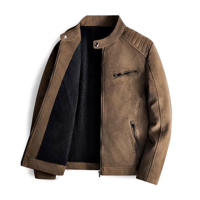 Chaqueta de moto para hombre de piel sintética con forro polar doble cálido para otoño e invierno - Marrón