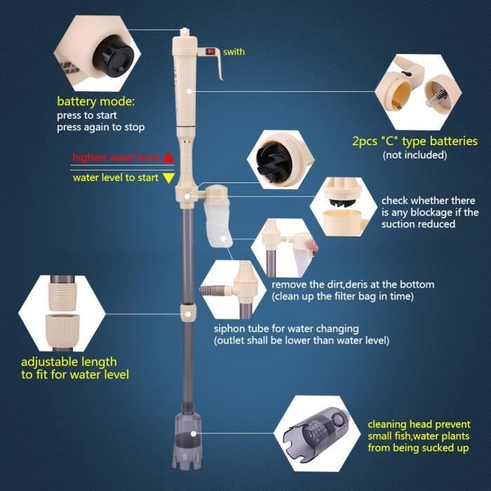 Aspirador de aquário elétrico Belle Tech — Limpador de cascalho ajustável de 58 a 95 cm, funciona a bateria, filtra água.