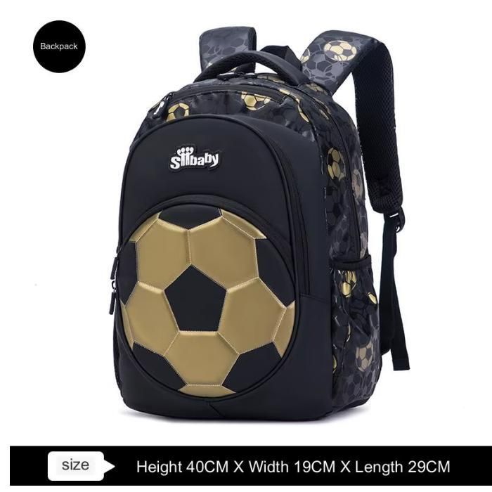 Zaino da calcio impermeabile nero e oro per bambini – Borsa scolastica capiente da 40 cm per ragazzi
