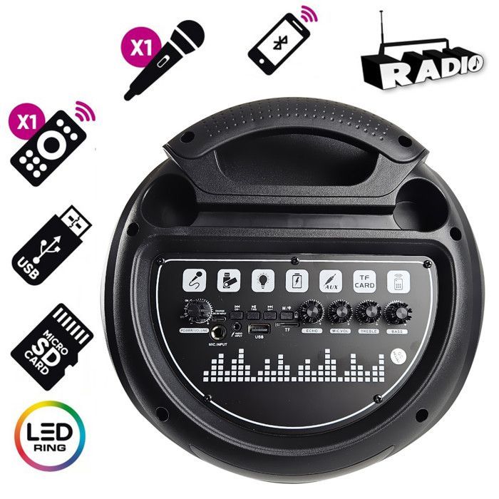 Enceinte SONO DJ BASS sur batterie Lumineuse 800W - Bluetooth, USB, Microphone sans fil, Réglage BASS, 2 Mini Lumières LED