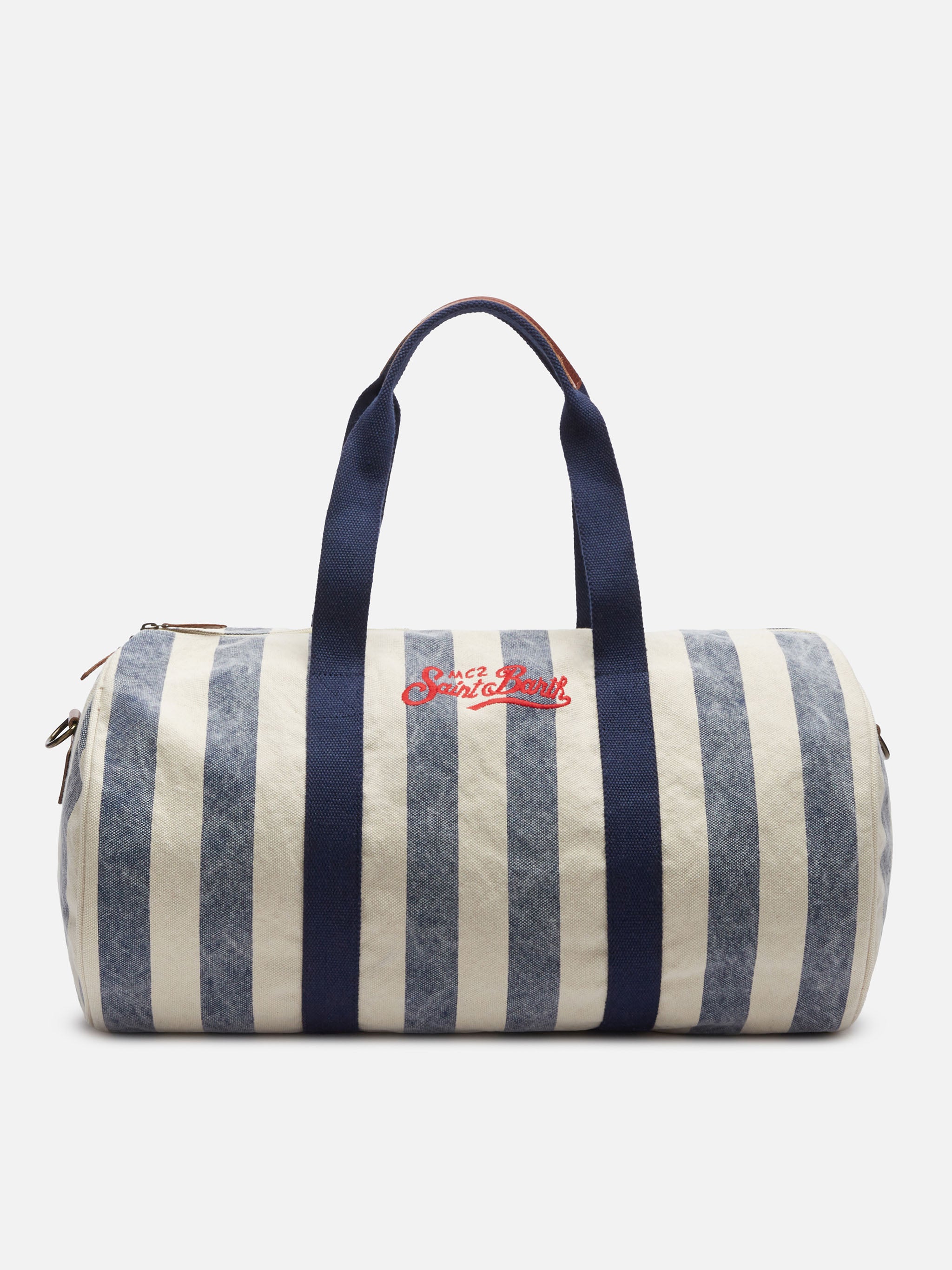 Cotton Travel Duffel Bag | Blue & White Striped Print | Embroidered St. Barth Logo | 100% Cotton | 55cm x 30cm x 30cm | MC2 Saint Barth
