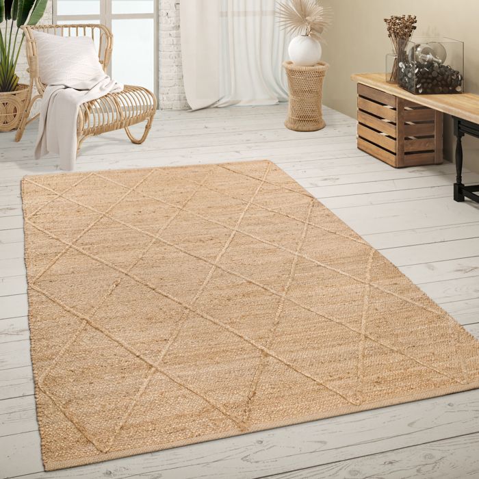 Alfombra de salón de pelo corto hecha a mano - PACO HOME - Diseño escandinavo - Efecto 3D - Beige - 60x100 cm - 100% yute
