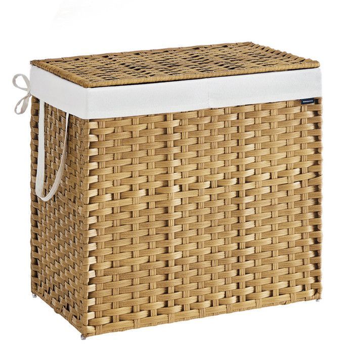 Cesta de almacenamiento, cesto de ropa sucia de 160 L con tapa, plegable, bolsas de tela y asas extraíbles, color madera.