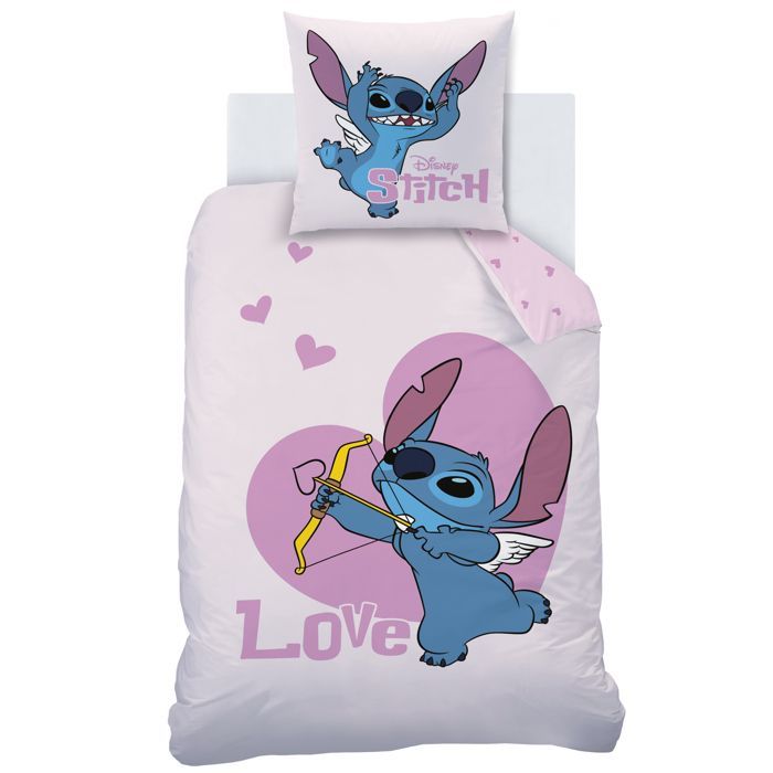 Set di biancheria da letto per bambini 100% cotone - DISNEY STITCH CUPID - Rosa - 140x200+63x63cm