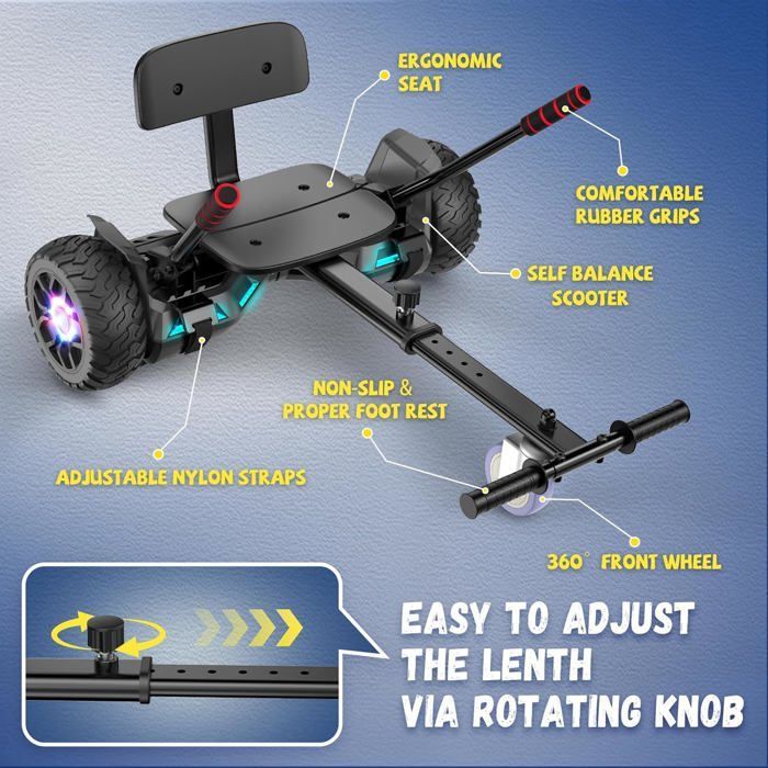 Hoverboard con asiento integrado, 8,5 pulgadas con altavoz Bluetooth y luces LED para niños (incluye kart a pedales), gris