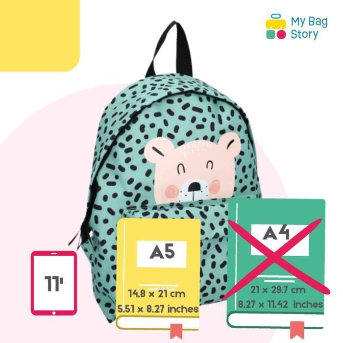 mybagstory - Sac à dos – Ours - Prêt - Vert - Enfant - Ecole - Crèche - Maternelle - Garderie - fille - Taille 31 cm