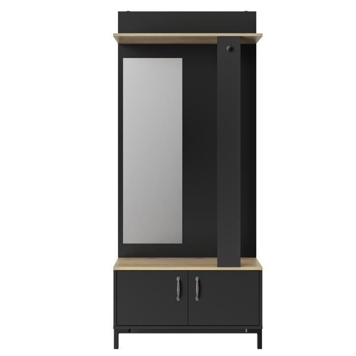 GAMI Meuble d'entrée 2 portes -  Made in France - Décor chêne sonoma et noir - L 81 x H 190 x P 37 cm - STORE