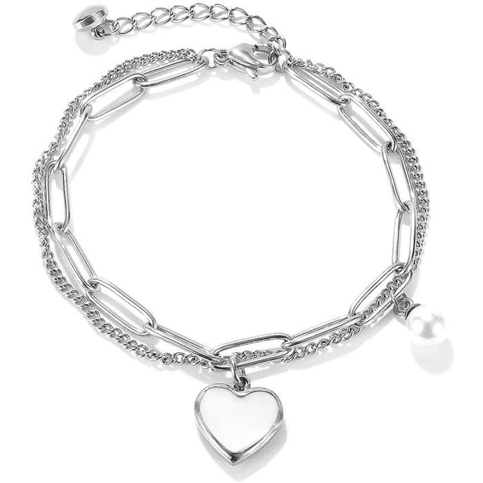 Pulseira feminina com corrente dupla, pingente de coração e conta de aço inoxidável.