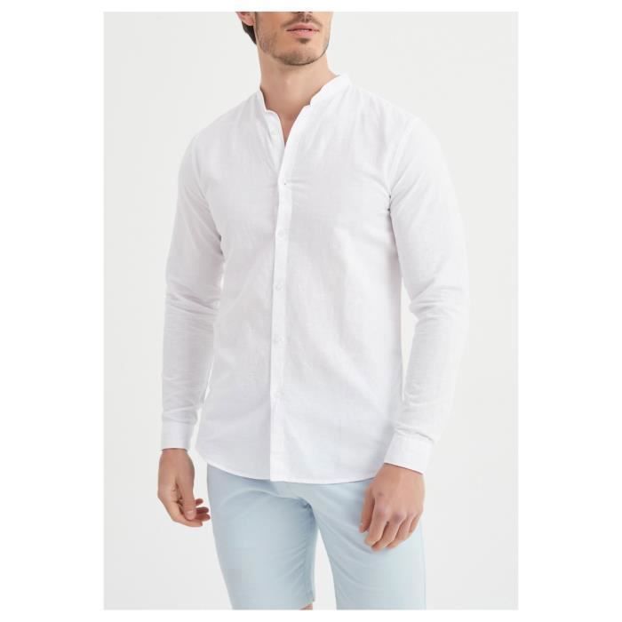 Chemise - KEBELLO - Col Mao - Blanc - 100% Lin - Manches longues - Repassage facile