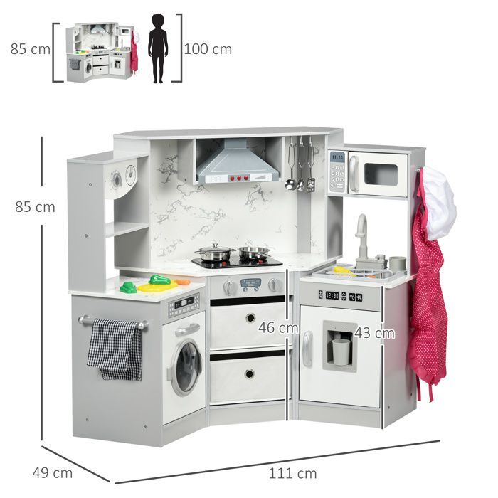 Cuisine pour enfant - AIYAPLAY - en bois jeu d'imitation effet sonore 17 accessoires - bois - gris blanc