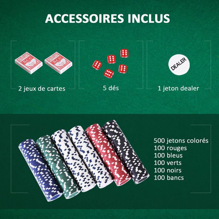 Mallette de poker coffret complet - HOMCOM - 500 jetons 2 jeux de cartes 5 dés bouton dealer 2 clés - aluminium - argent