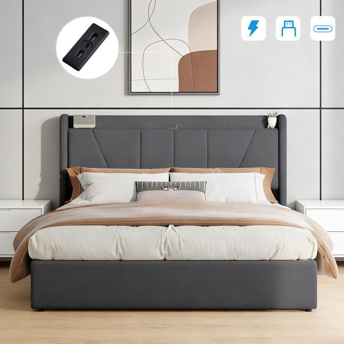 Lit coffre double 160 x 200 cm en lin gris, Lit adulte avec Prise port USB et Type-C, Rangement hydraulique, Sommier à lattes