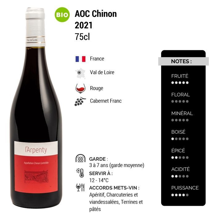 Domaine de l'Arpenty Chinon 2021 - Vin Rouge du Val de Loire (6x75cl) BIO