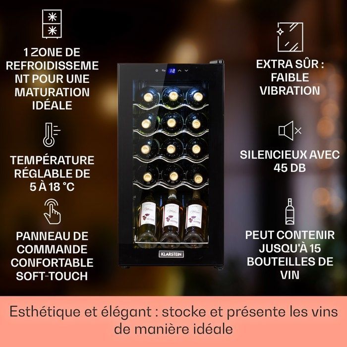 Cave à vin - KLARSTEIN - Shiraz 15 Slim Uno - 44 L - 5-18°C - Panneau tactile - Noir
