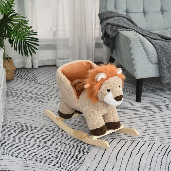 Caballo balancín - HOMCOM - modelo león con función musical, silla de montar acolchada y cómoda, 18-36 meses - madera - 68x35x50cm - marrón