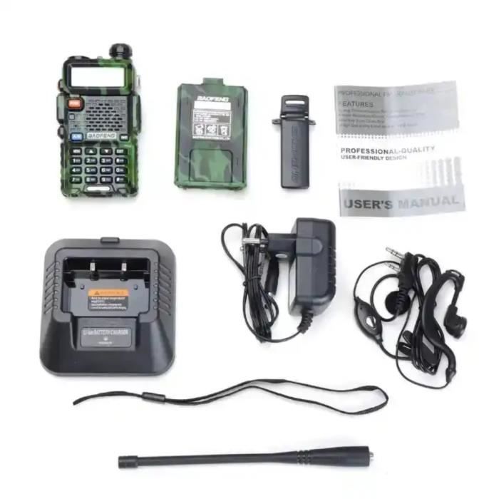 Baofeng UV-5R Talkie-walkie FM radio VHF/UHF avec double bande, affichage, veille et horloge intégrée (Casque ajouté, Camouflage)