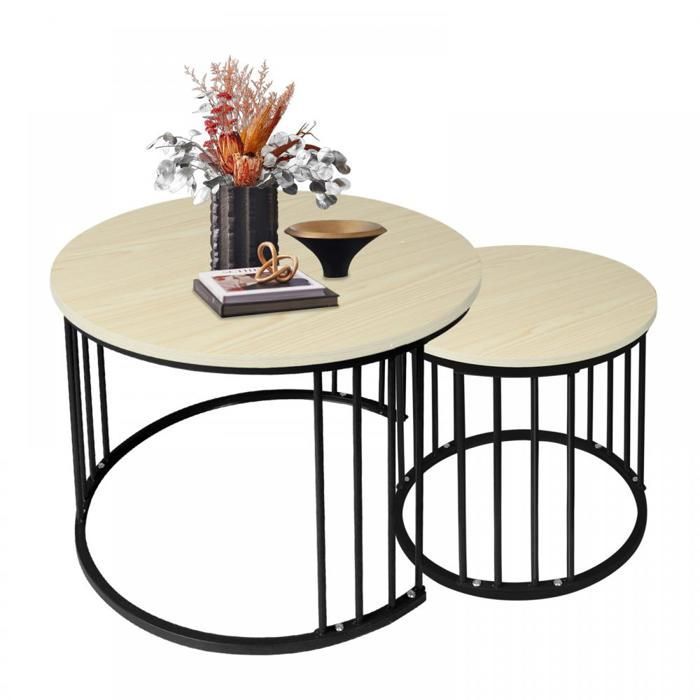 KEDIA Set van 2 salontafels, wit esdoornhout + zwarte poten, 60*60*45 cm en 40*40*38 cm, slijtvast en gemakkelijk schoon te maken