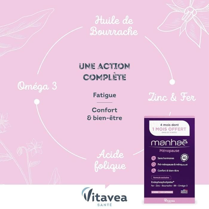 Vitavea Manhaé - Complemento alimenticio sin hormonas para la menopausia/premenopausia - Confort y bienestar - 120 cápsulas - Tratamiento de 4 meses