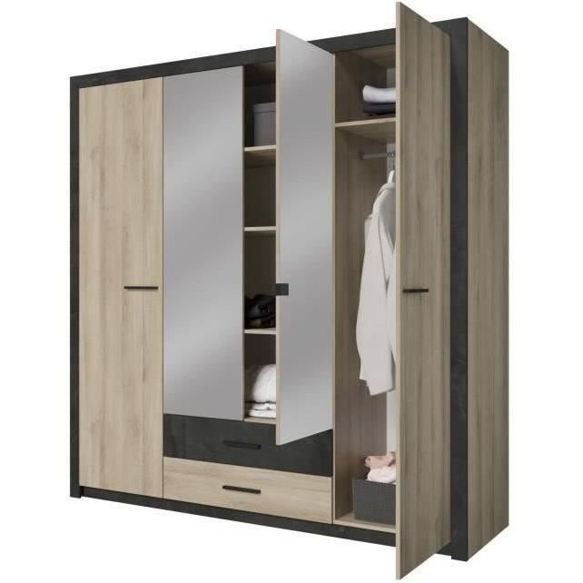 Armario - Acabado en roble y negro - 4 puertas batientes - 2 cajones - Espejos - Ancho 198 x Alto 203,1 x Profundidad 56,6 cm - COLORADO - Hecho en Francia