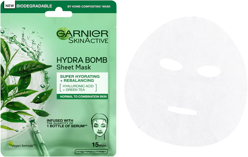 Garnier Textil Masks Hydra Bomb: een intensief hydraterend en reinigend sheetmasker voor de normale en gecombineerde huid.