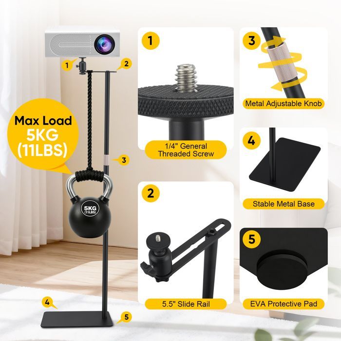 Supporto per proiettore in acciaio al carbonio con rotazione a 360°, portata massima 5 kg, altezza regolabile da 30 a 130 cm.