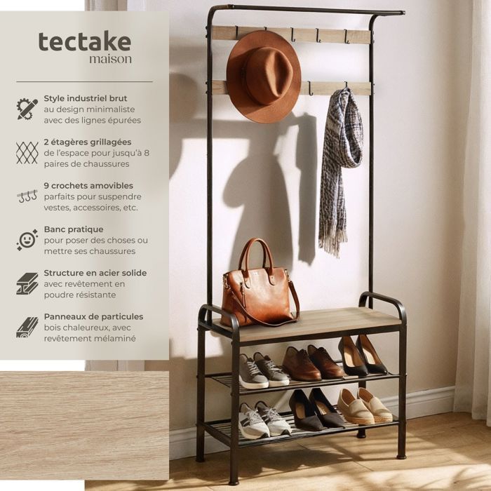Wardrobe - TECTAKE - WICHITA wardrobe in powder-coated steel and wood, 73.5 x 36 x 184 cm - Light wood/Sonoma oak