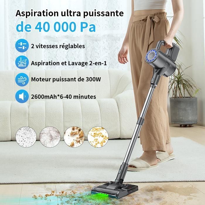 Aspirapolvere senza fili Linkifly A9 con funzione lavapavimenti, 6 in 1 - 35 kPa - 40 min, LED verde, per peli di animali/tappeti/pavimenti duri
