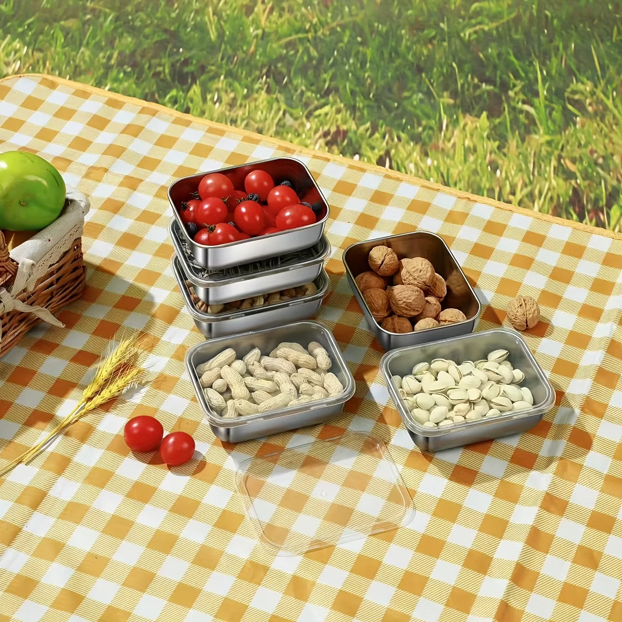 Boîte de conservation alimentaire 4/6 pièces avec couvercle, idéale pour conserver les légumes, les fruits et les accessoires de cuisine.