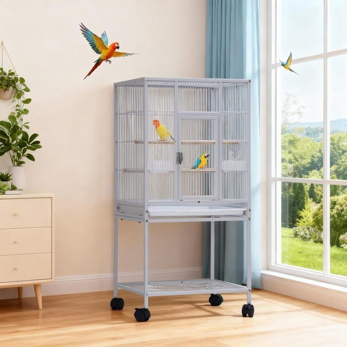 JUGUETES S - Jaula grande para pájaros - con soporte y ruedas - para cacatúas, periquitos, canarios, loros - acero - 48,5 x 46 x 103 cm - blanco