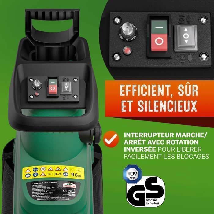 GARDEBRUK® Trituratore di legno e rami silenzioso da 3100 W, diametro massimo dei rami 44 mm, 2 contenitori di raccolta da 60 litri, trituratore di rami elettrico