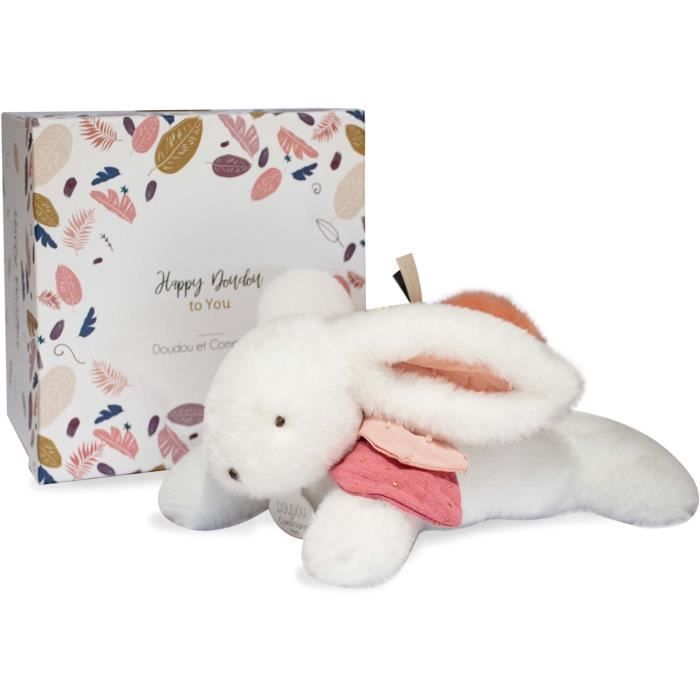 Doudou et Compagnie - Conejo de Peluche - 25 cm - Conejo Pompón Blanco/Terracota - Bonita Caja de Regalo - Happy Boho - Happy Doudou To