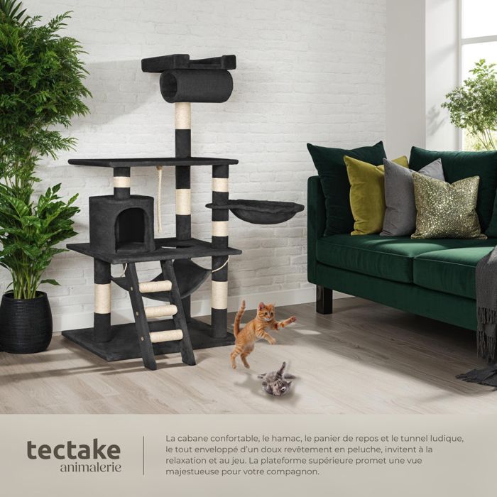 Arbre à chat - TECTAKE - Mobilier pour chat STOKELEY 141 cm de hauteur avec zones de couchage et cordelette - Noir