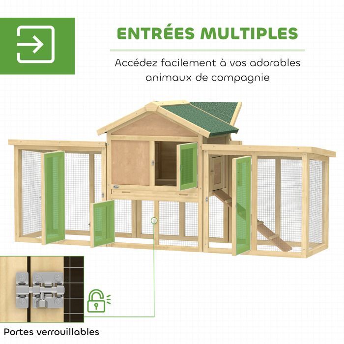 Poulailler - PawHut - modèle chalet - multi-équipé : rampes, nichoirs, perchoirs, plateau excrément, fenêtre, portes - bois massif