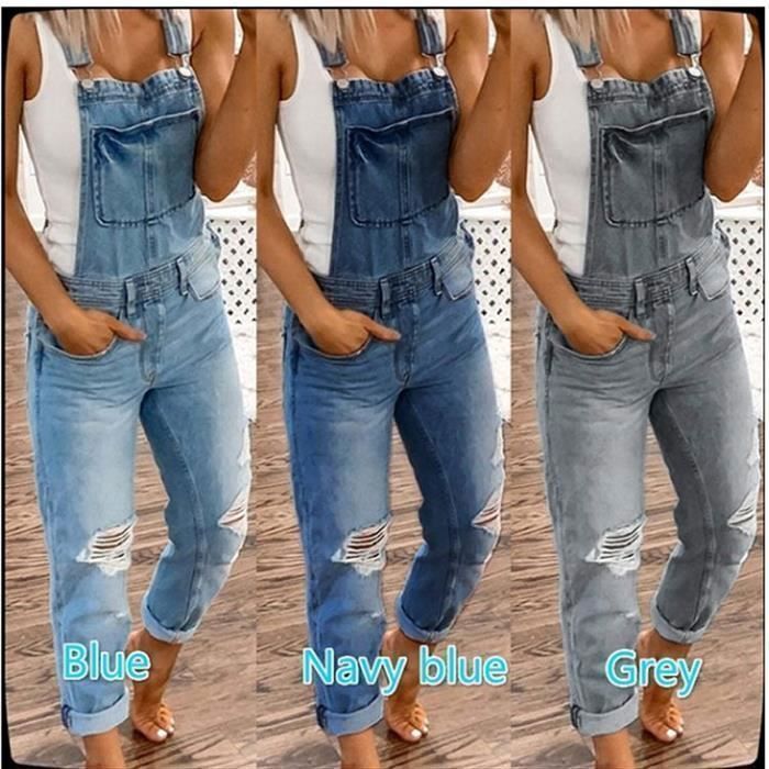 Pantalones vaqueros de mujer - FUNMOON - Tirantes rasgados lavados - Corte ajustado - Azul claro - Cintura estándar