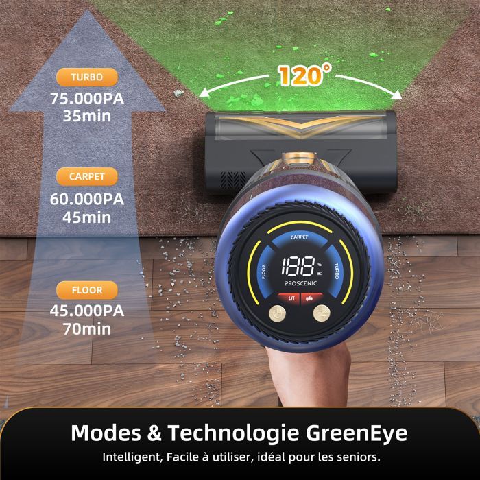 Aspiradora de mano inalámbrica PROSCENIC P15A - Potente aspiradora de 75 kPa/160 AW - Autonomía de 70 minutos - 650 W - Funcionamiento vertical - Ligera - Greeneye
