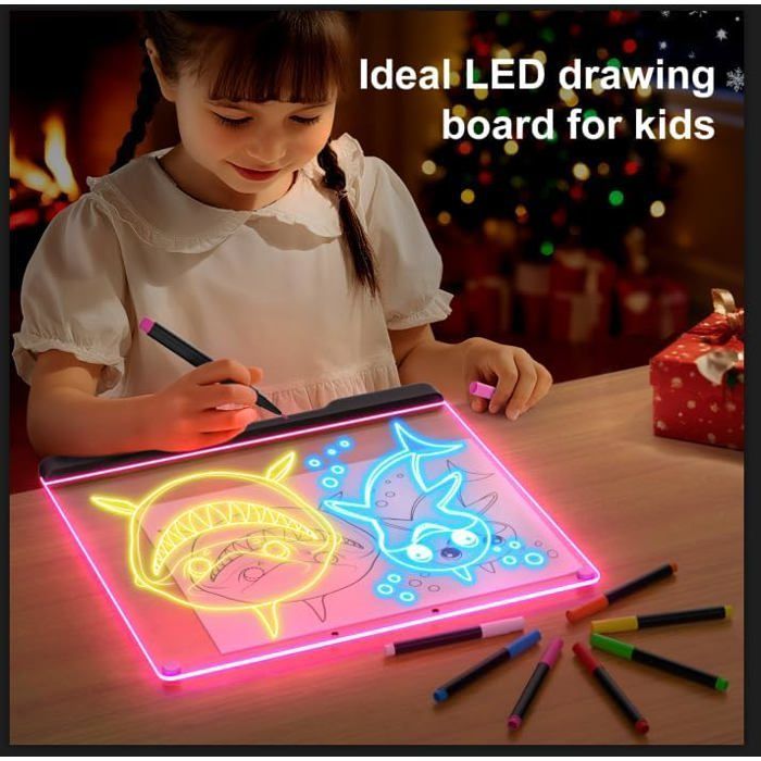 Tableau à dessin lumineux Message Effaçable LED, 35CM*25CM Tablette Lumineuse Dessin Avec Stylo 7 Couleurs et Support