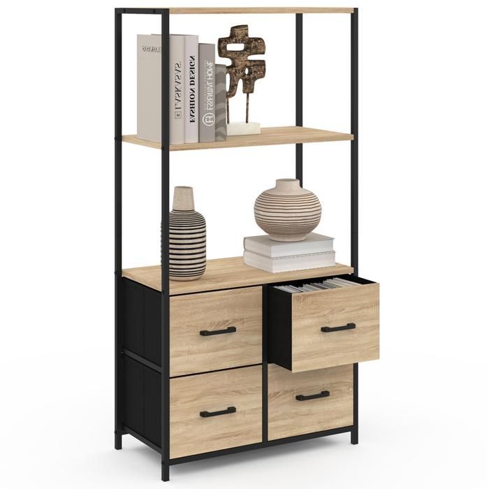 IDMARKET UTAH 3-Tier Shelving Unit with 4 Fabric Drawers, 120 cm, Industrial Design Storage Unit