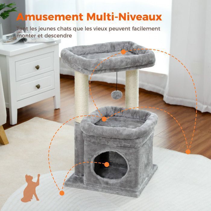 PAWZ Road Small Cat Tree 60cm, Play Tower with 2 Sturdy Scratching Posts, 1 Spacious Condo & 1 Large Perch, Grey