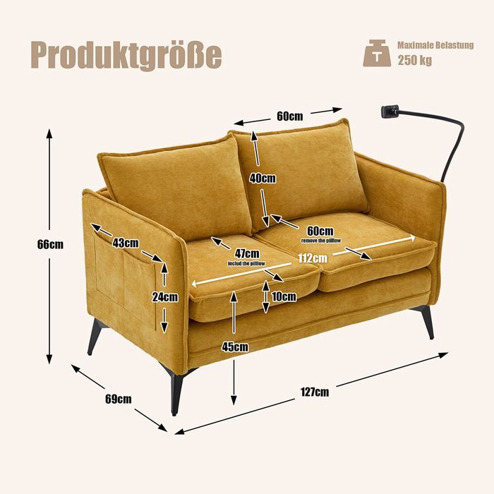 Sofá moderno de 2 plazas, sillón con espacio de almacenamiento y soporte para teléfono para salón o dormitorio, color amarillo.