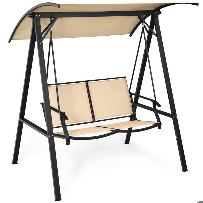 Silla colgante de 2 plazas DREAMADE con toldo ajustable, estructura metálica y asiento de tela, ganchos de resorte, para jardín, balcón o patio.