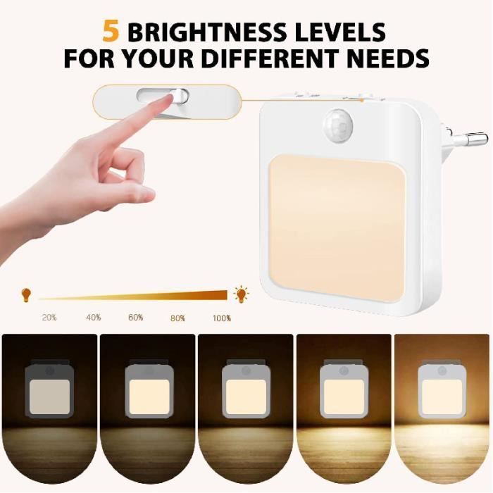 Pack de 2 Veilleuse LED Prise Electrique avec 3 Modes d'éclairage avec Detecteur Mouvement pour Chambre, salle de bain, Cuisine