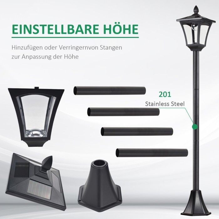Farol solar de jardín negro de 160 cm - Luz LED de camino de 40 lúmenes - Iluminación decorativa exterior autónoma