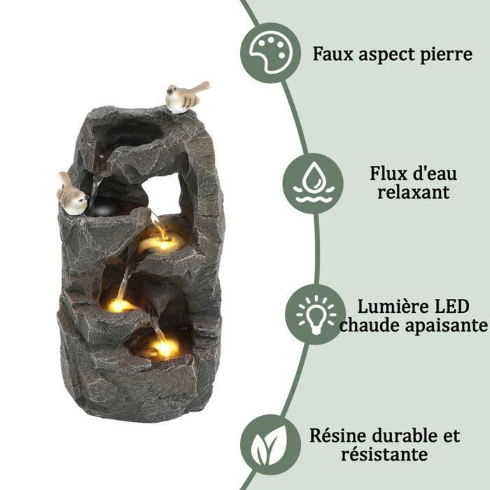 Fuente LED para exteriores - 47 cm - Gris piedra - Iluminación LED amarilla cálida - Sonido de agua suave 55 dB
