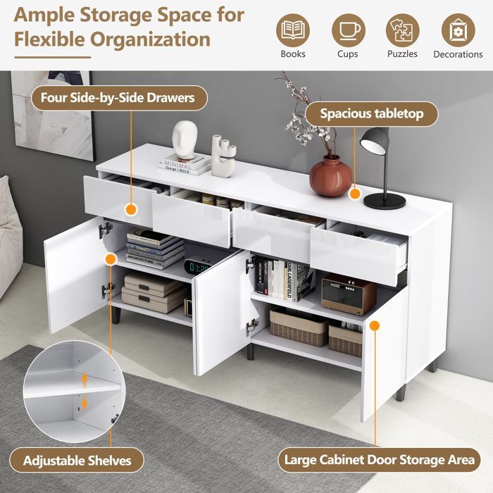 Credenza bianca lucida da 160 cm, mobile contenitore moderno con ripiani regolabili, 4 cassetti e 4 ante, ideale per soggiorno e sala da pranzo.