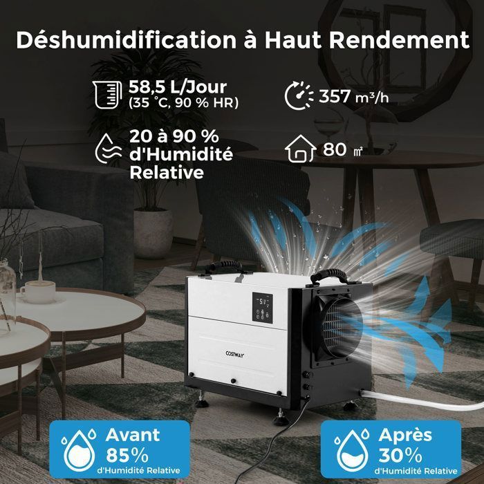 Deshumidificador profesional COSTWAY - 58,5 l/día - 3 modos - Temporizador de 24 horas - Inicio diferido - Hasta 80 m² - Descongelación automática - Blanco
