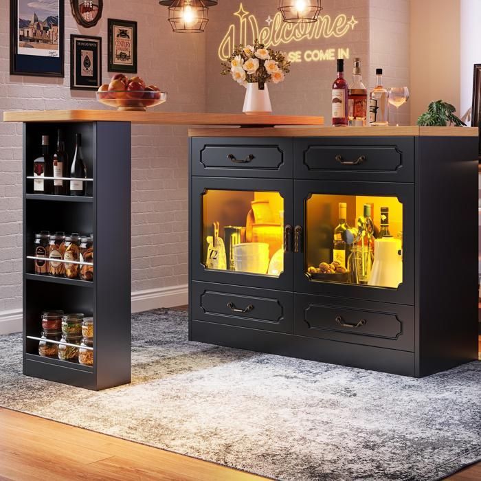 Ilha de cozinha retrátil com iluminação LED, mesa de jantar giratória 360°, 4 gavetas e suporte para lanches - Preta
